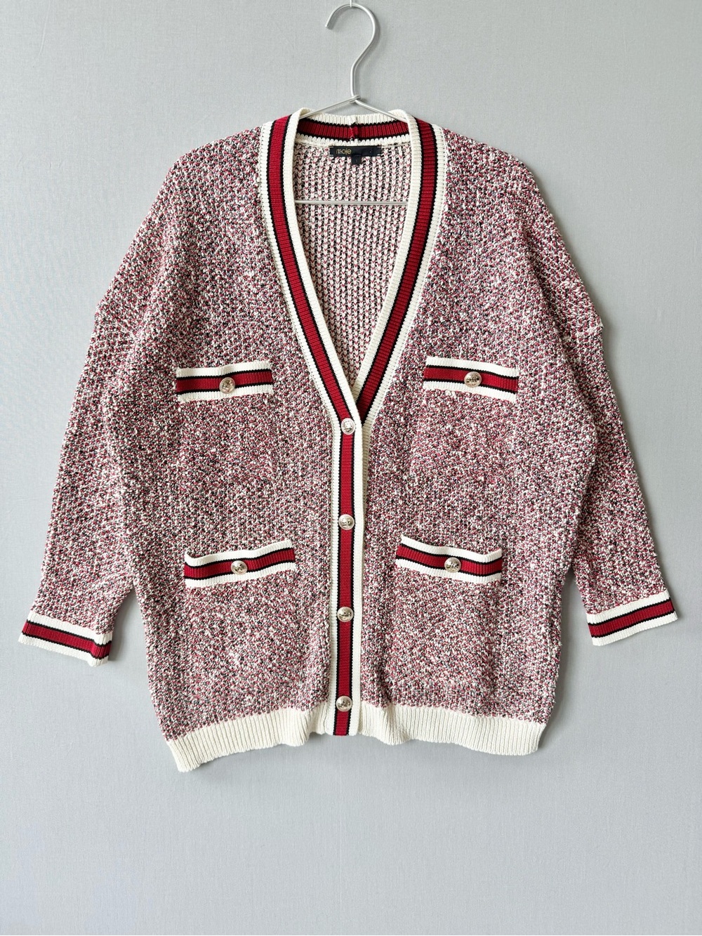 Maje Mapada Marled Red and White Knit Button-Front Cardigan - Tweed Look - Sz 1